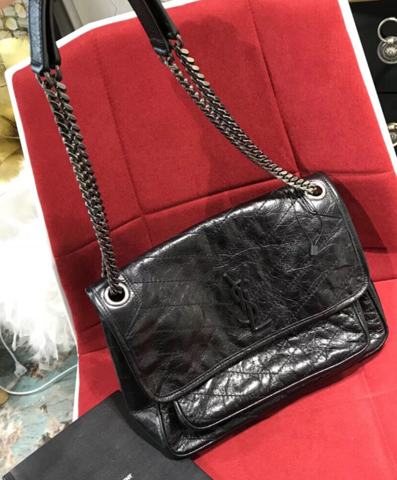 Saint Laurent Niki Medium Shiny Waxy Quilted Shoulder Bag 498894 Black